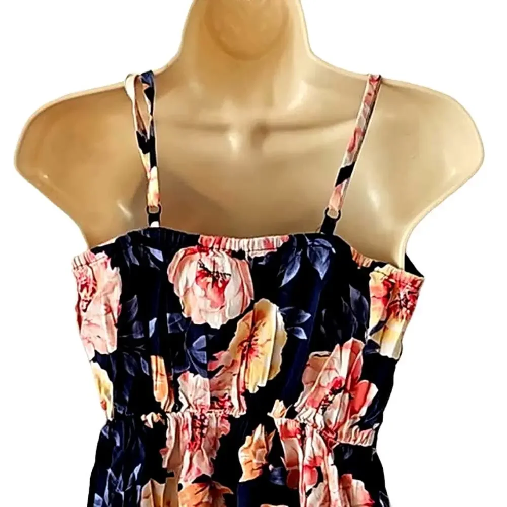 Old Navy Girls Size 12 Navy Pink Floral Spaghetti Strap Sundress Cotton Blend